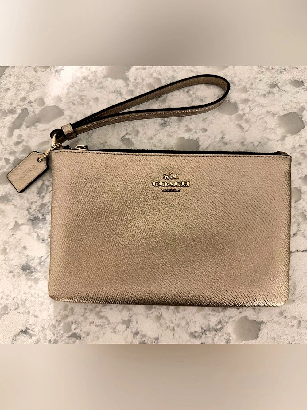 Coach Metallic Leather Corner Zip Wristlet in Bronzed Gold